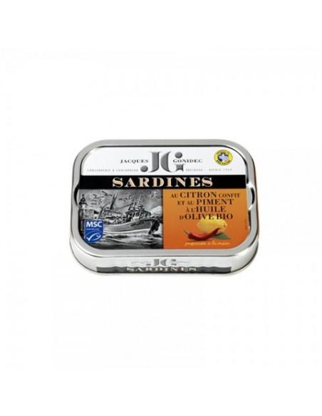 SARDINES AU CITRON CONFIT ET PIMENT A L'HUILE D'OLIVE 115GR BIO - JGONIDEC - Maison Ferrero - Epicerie à Ajaccio